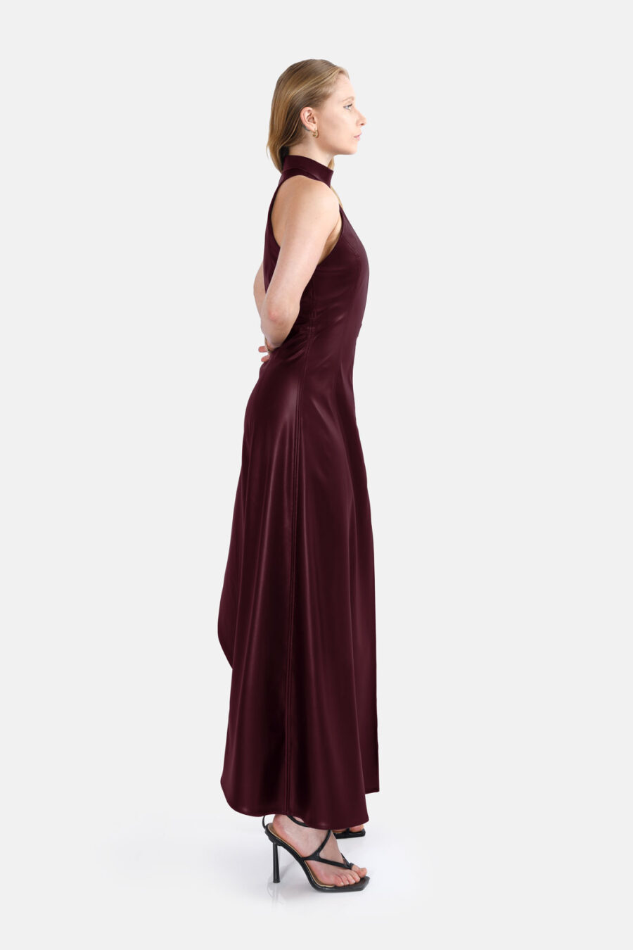 Burgundy Vegan Leather Maxi Dress Asymmetrical Hem Kargede Designer Leather Dress Side - Nyx – Burgundy Leather Maxi Dress