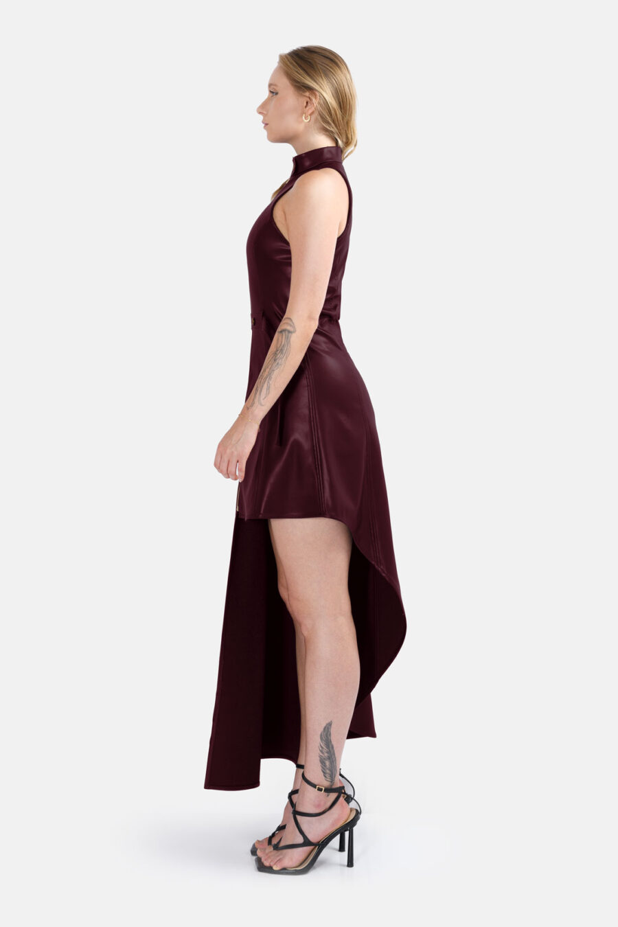 Burgundy Vegan Leather Maxi Dress Asymmetrical Hem Kargede Designer Leather Dress Side - Nyx – Burgundy Leather Maxi Dress