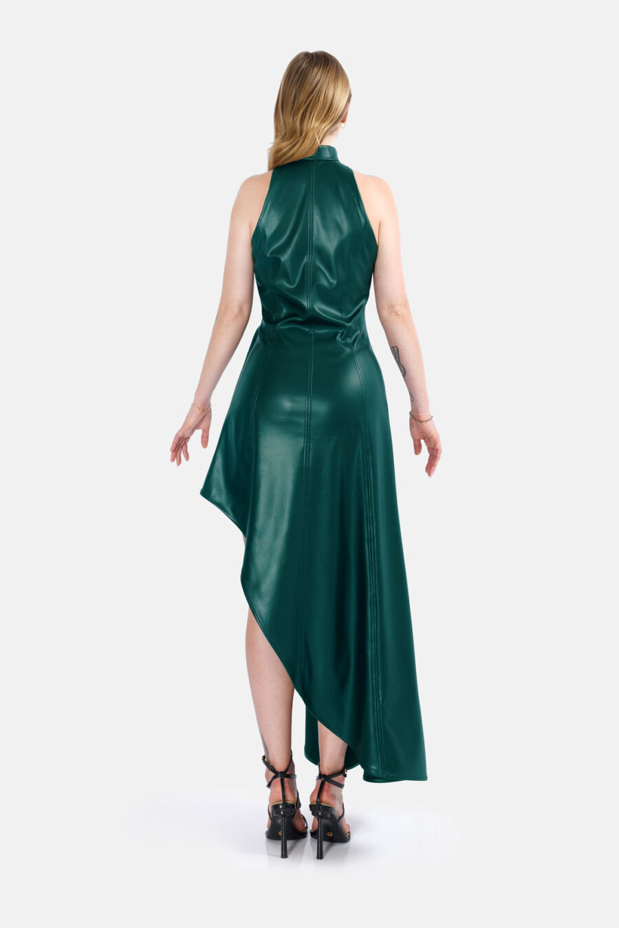 Green Vegan Leather Maxi Dress Asymmetrical Hem Kargede Designer Leather Dress Back - Nyx – Green Leather Maxi Dress