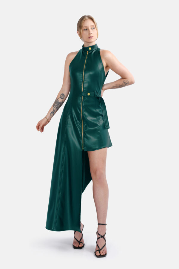 Green Vegan Leather Maxi Dress Asymmetrical Hem Kargede Designer Leather Dress Front - Nyx – Green Leather Maxi Dress