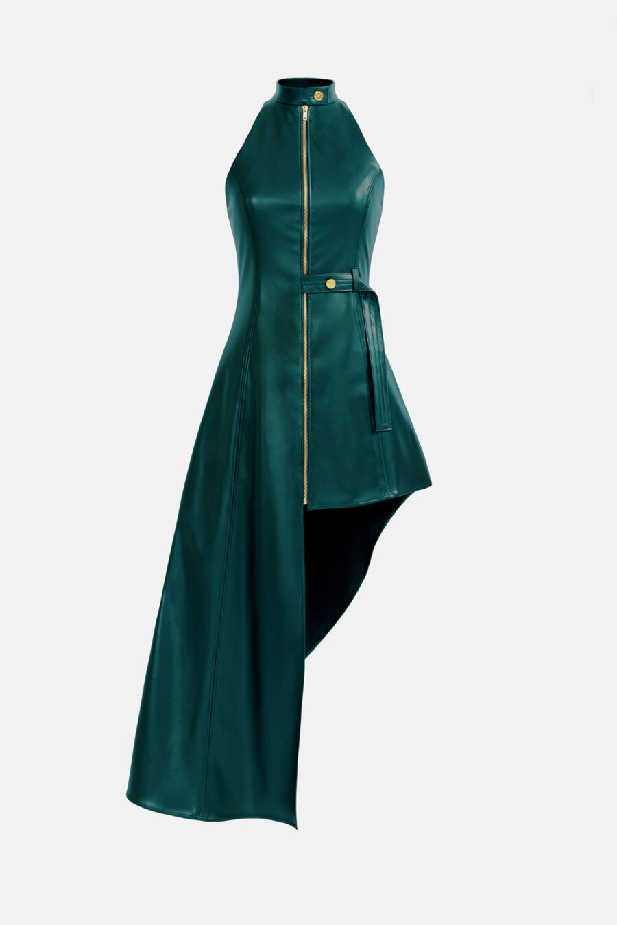 Green Vegan Leather Maxi Dress Asymmetrical Hem Kargede Designer Leather Dress GM - Nyx – Green Leather Maxi Dress