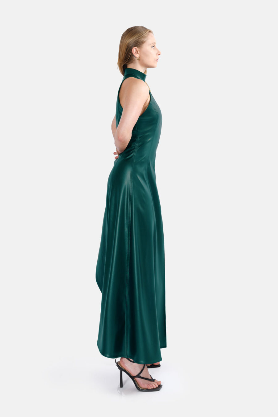 Green Vegan Leather Maxi Dress Asymmetrical Hem Kargede Designer Leather Dress Side - Nyx – Green Leather Maxi Dress