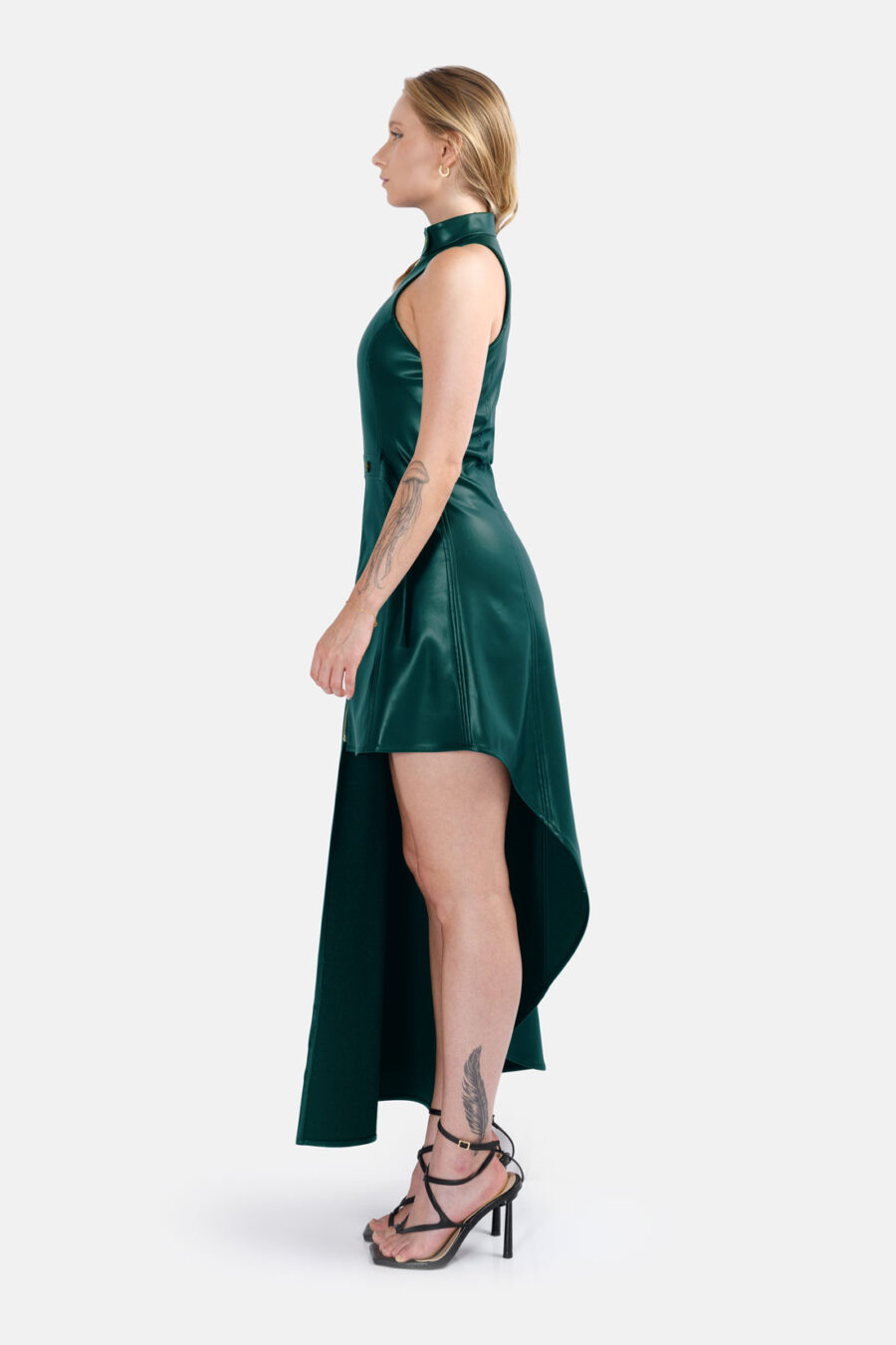 Green Vegan Leather Maxi Dress Asymmetrical Hem Kargede Designer Leather Dress Side - Nyx – Green Leather Maxi Dress