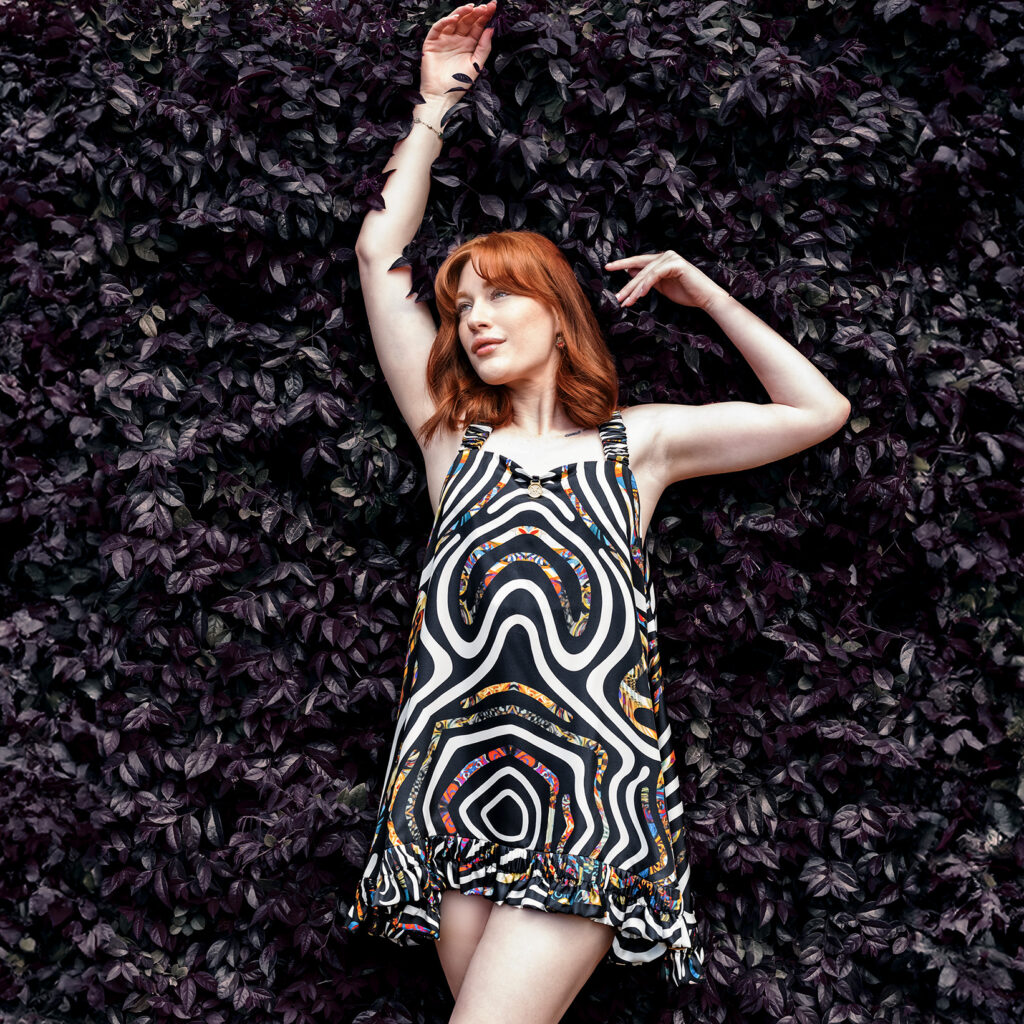 Kargde Designer Silk Slip Mini Dress Tribal Print Black and White Red Haired Model Porcelain Skin