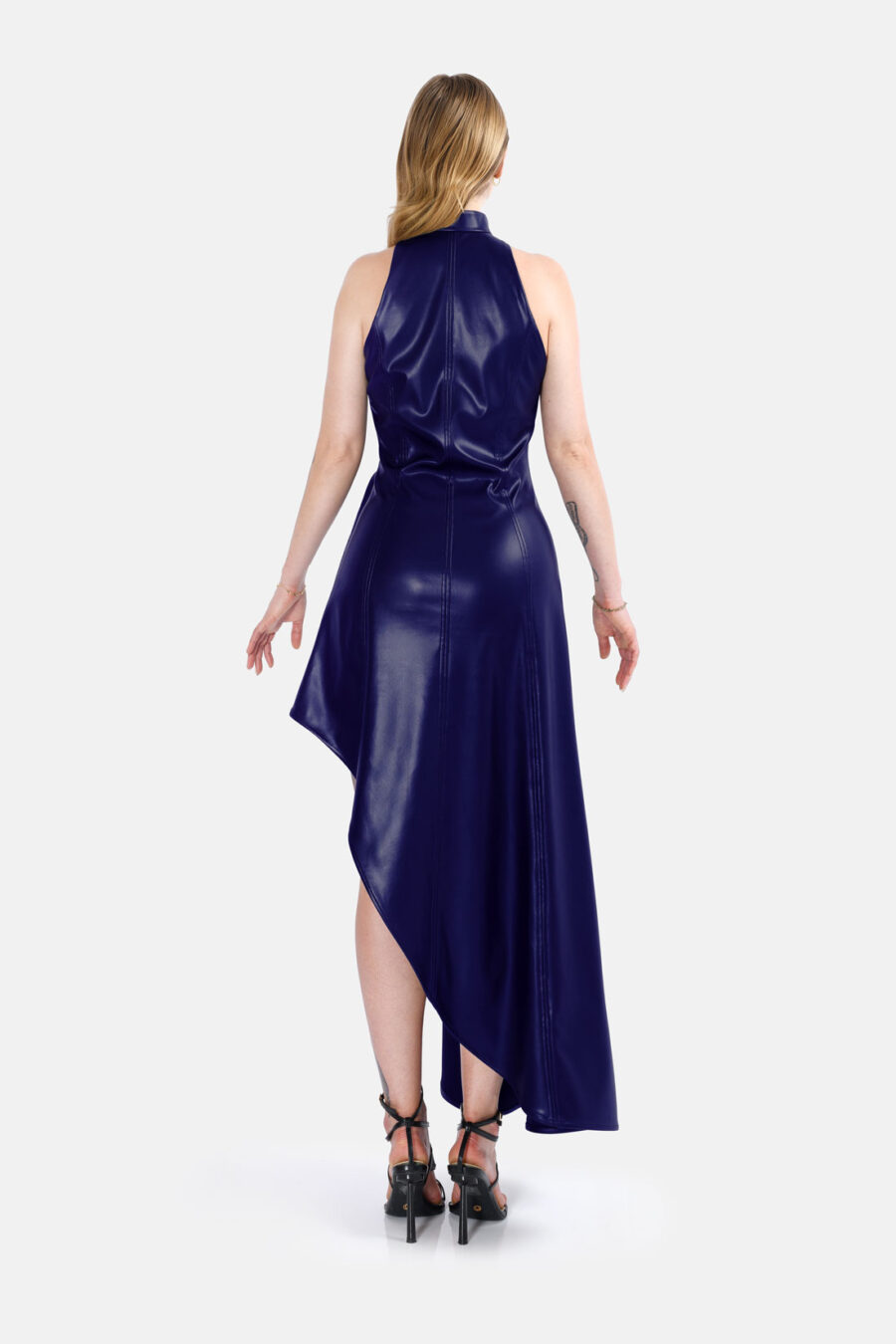 Navy Vegan Leather Maxi Dress Asymmetrical Hem Kargede Designer Leather Dress Back - Nyx – Navy Leather Maxi Dress