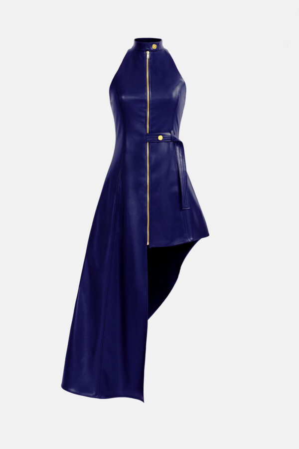 Navy Vegan Leather Maxi Dress Asymmetrical Hem Kargede Designer Leather Dress GM - Nyx – Navy Leather Maxi Dress