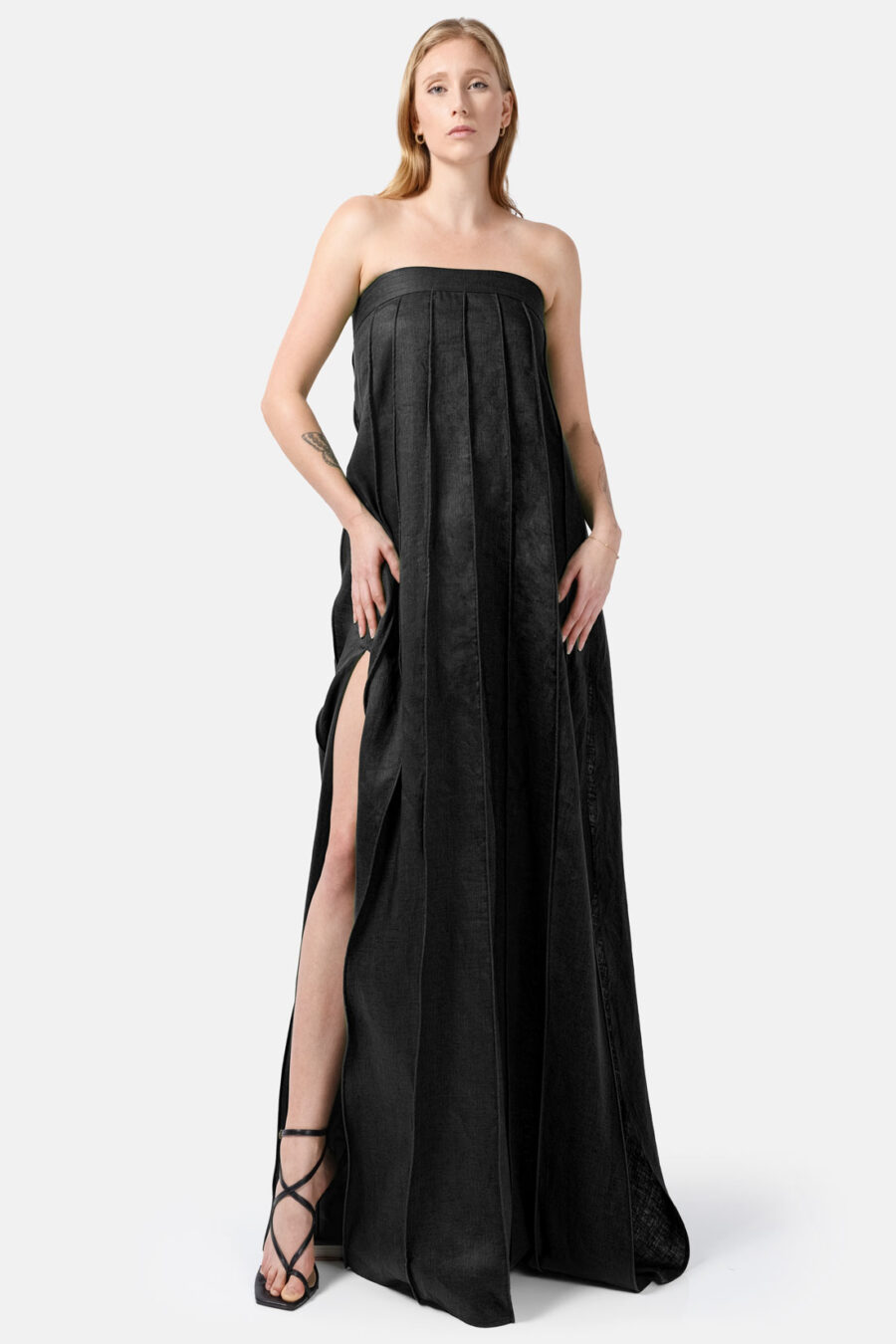 Black Designer Linen Maxi Dress Pleated With Slit Strapless Fit Kargede Front Adjust