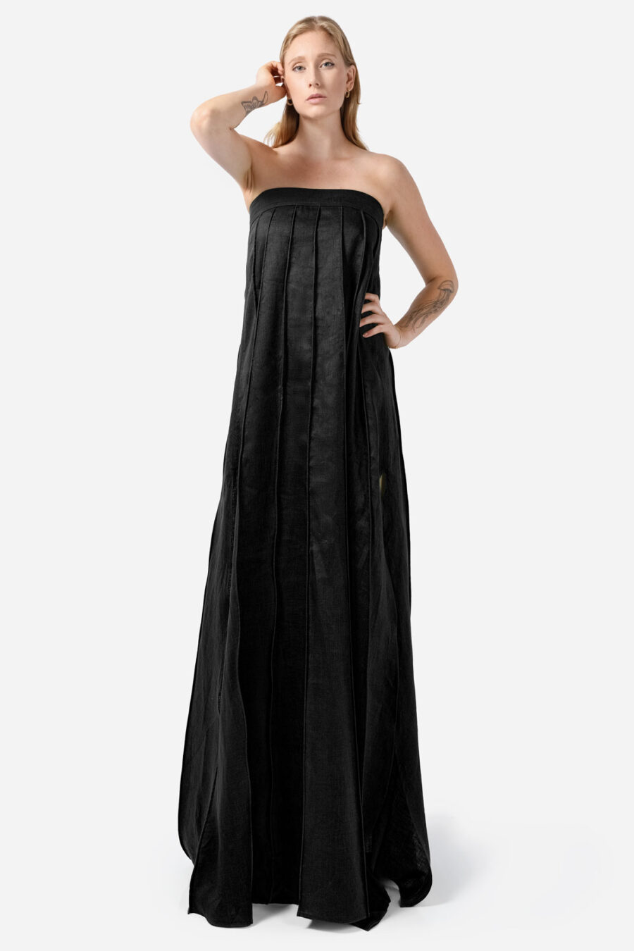 Black Designer Linen Maxi Dress Pleated With Slit Strapless Fit Kargede Front Tall Angle Adjust