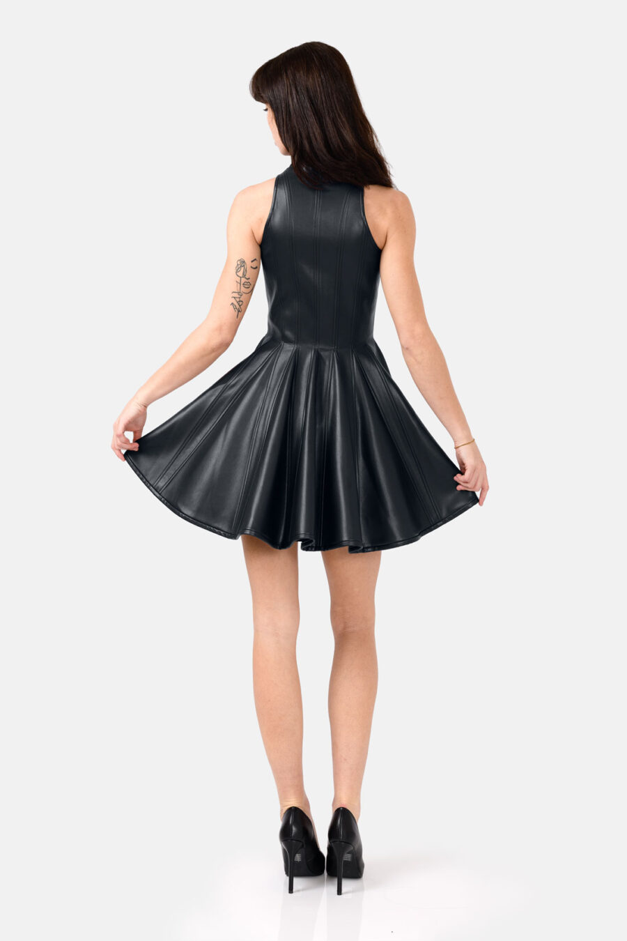Black Faux Leather Mini Dress Designer High Neck Zip Front Fit and Flare by Kargede back flared image