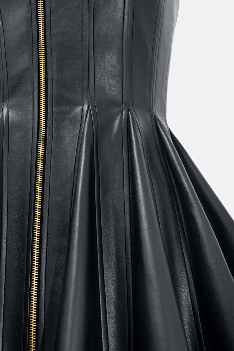 Black Faux Leather Mini Dress Designer High Neck Zip Front Fit and Flare by Kargede detail image