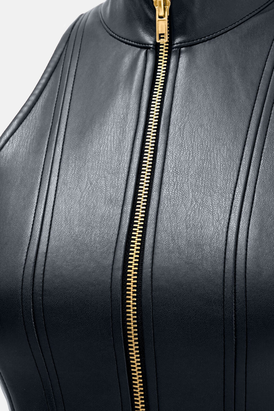 Black Faux Leather Mini Dress Designer High Neck Zip Front Fit and Flare by Kargede detail image