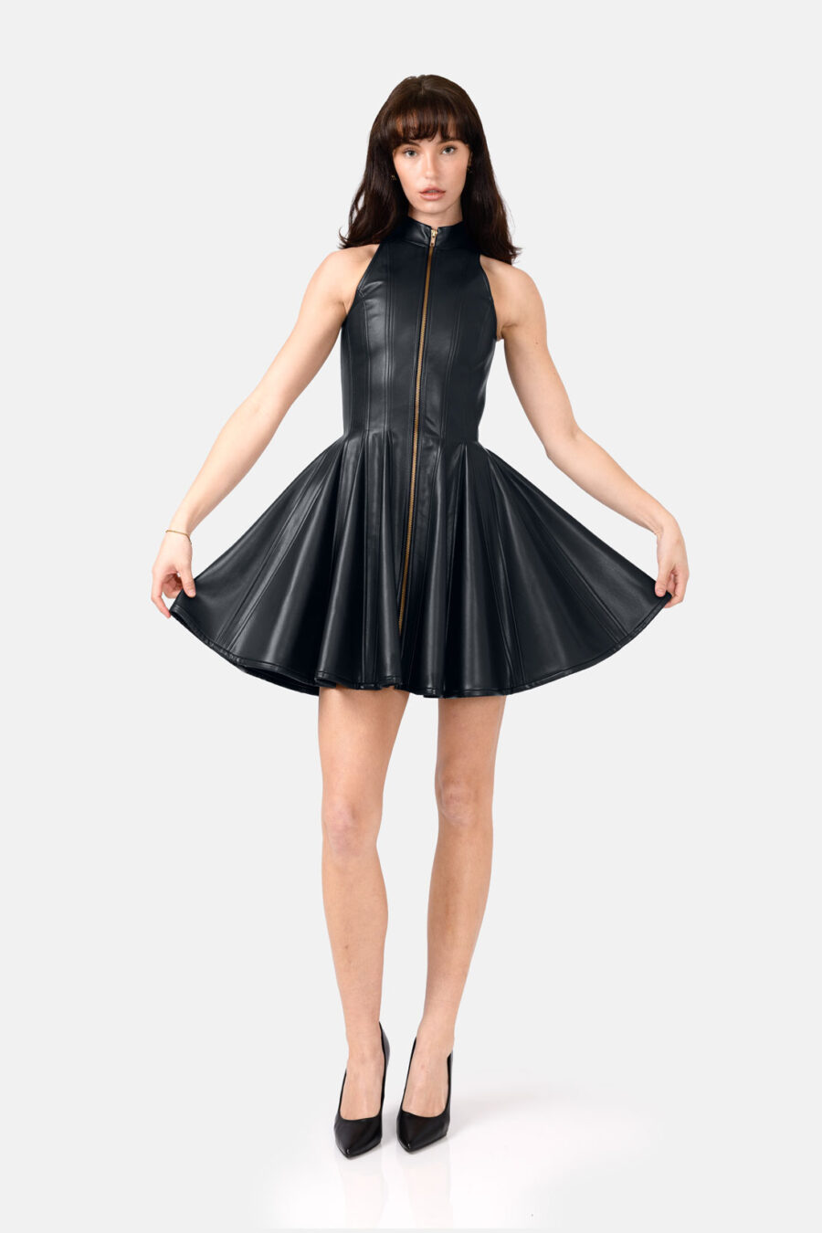 Black Faux Leather Mini Dress Designer High Neck Zip Front Fit and Flare by Kargede front flared image