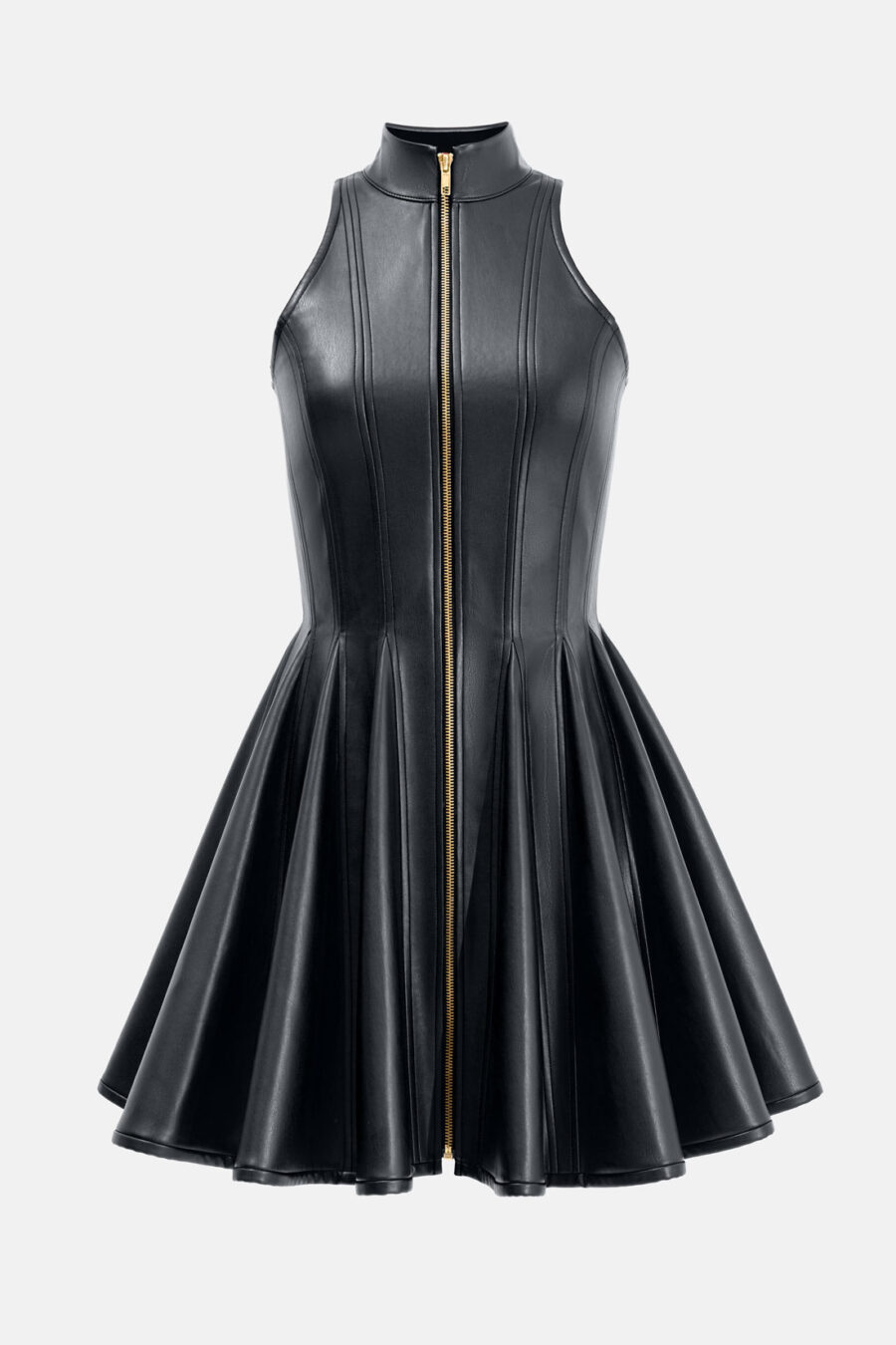 Black Faux Leather Mini Dress Designer High Neck Zip Front Fit and Flare by Kargede ghost mannequin image