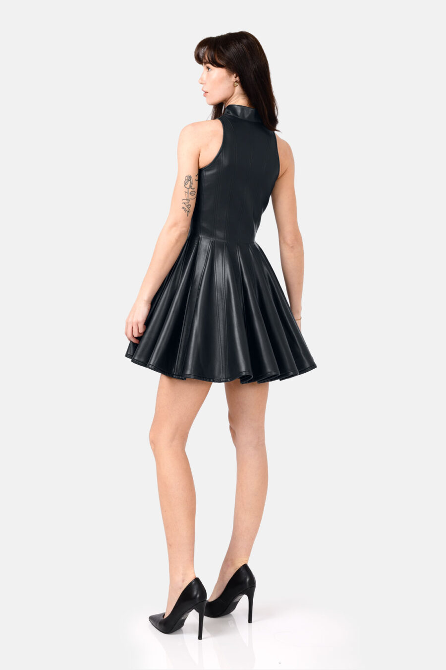 Black Faux Leather Mini Dress Designer High Neck Zip Front Fit and Flare by Kargede side image