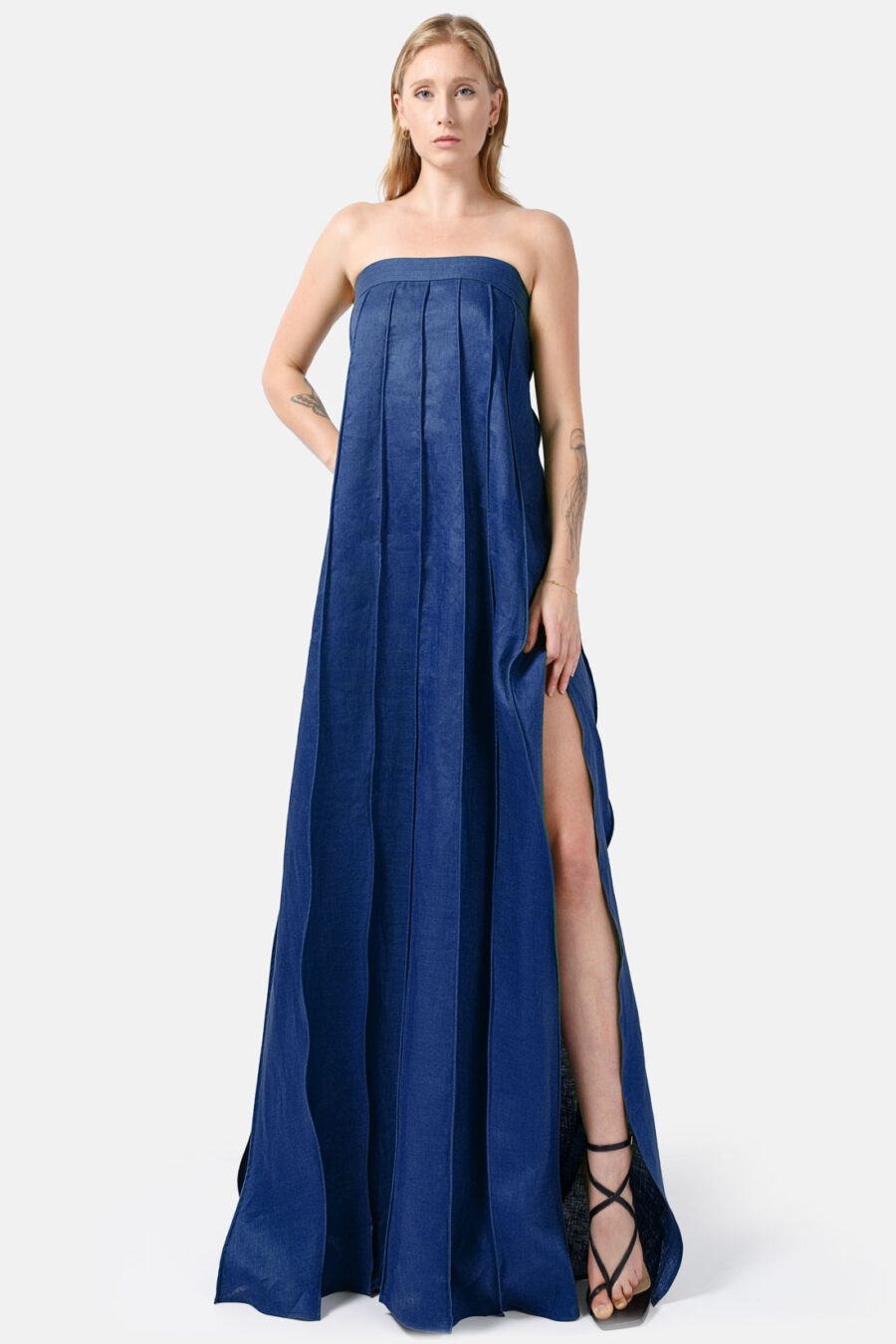 Blue Designer Linen Maxi Dress Pleated With Slit Strapless Fit Kargede Front Adjust