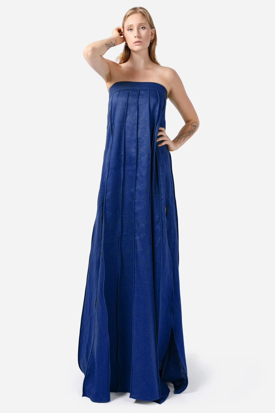 Blue Designer Linen Maxi Dress Pleated With Slit Strapless Fit Kargede Front Tall Angle Adjust