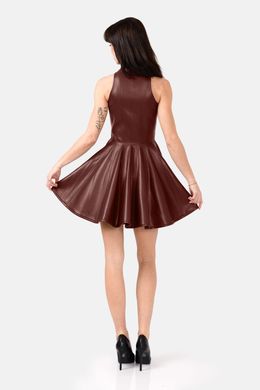 Brown Faux Leather Mini Dress Designer High Neck Zip Front Fit and Flare by Kargede back flared image