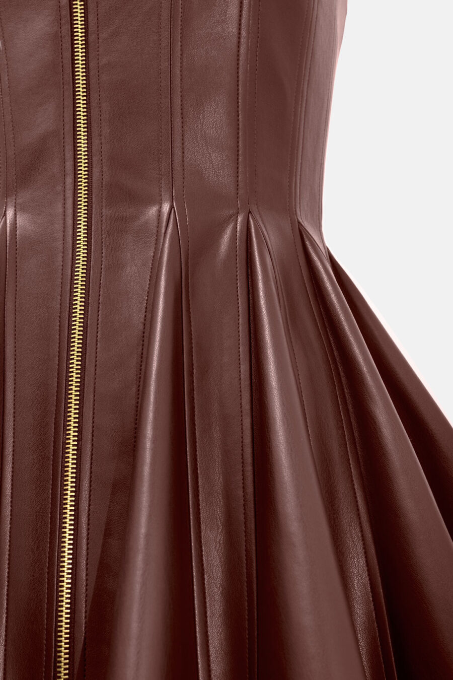Brown Faux Leather Mini Dress Designer High Neck Zip Front Fit and Flare by Kargede detail image