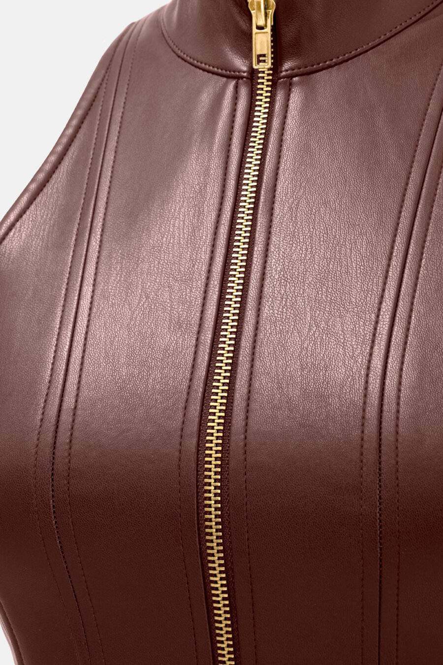 Brown Faux Leather Mini Dress Designer High Neck Zip Front Fit and Flare by Kargede detail image