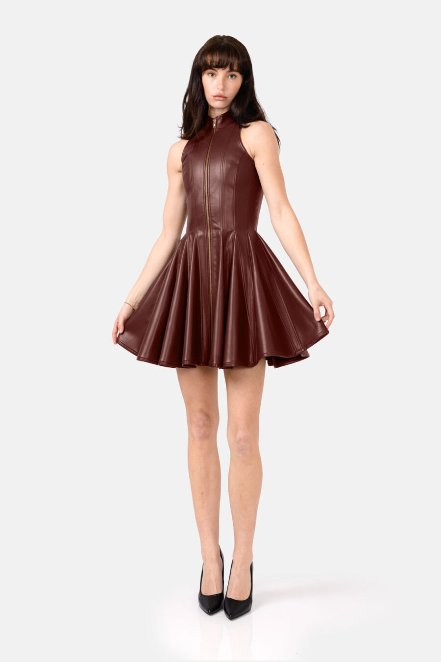 Brown Faux Leather Mini Dress Designer High Neck Zip Front Fit and Flare by Kargede front image