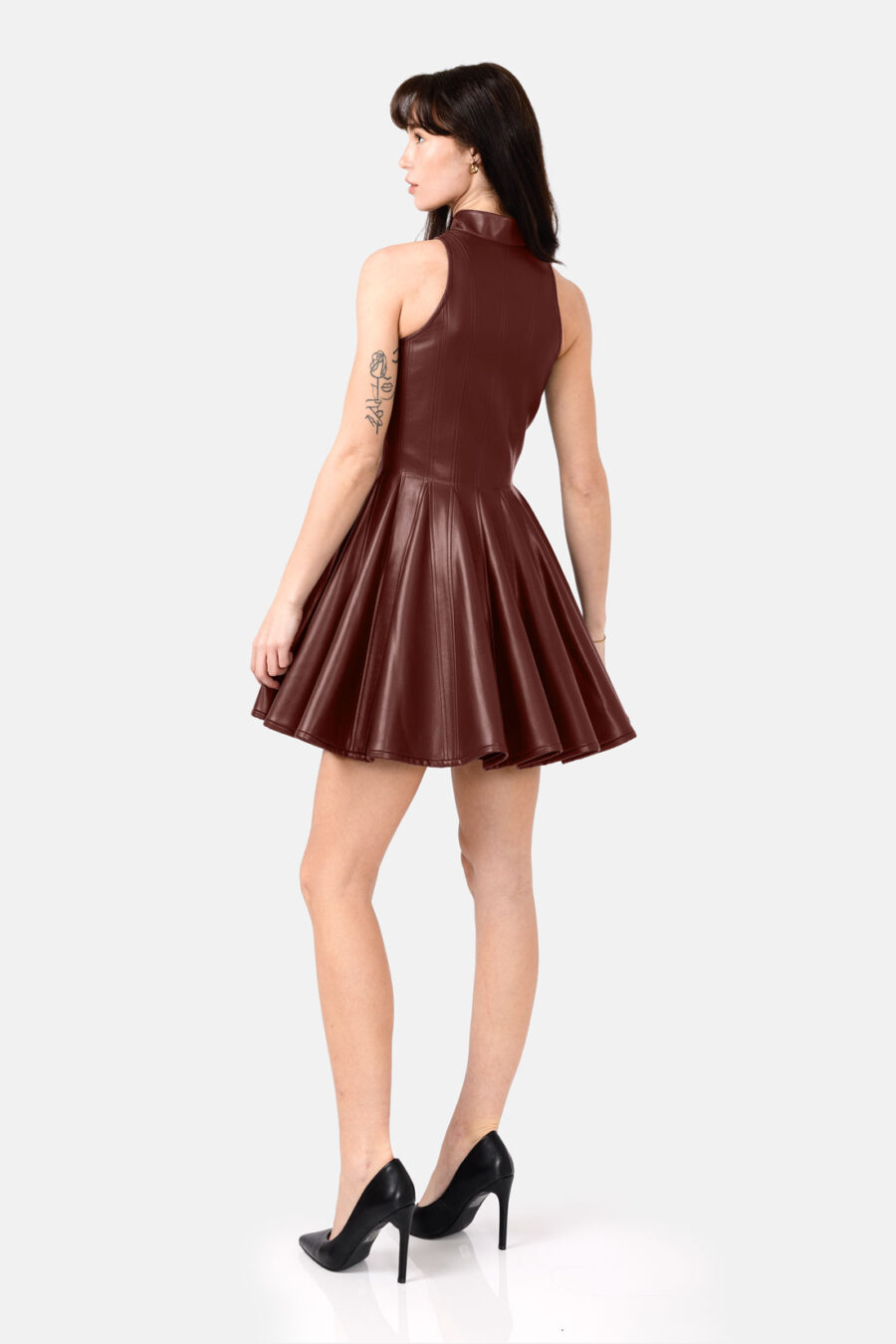 Brown Faux Leather Mini Dress Designer High Neck Zip Front Fit and Flare by Kargede side image