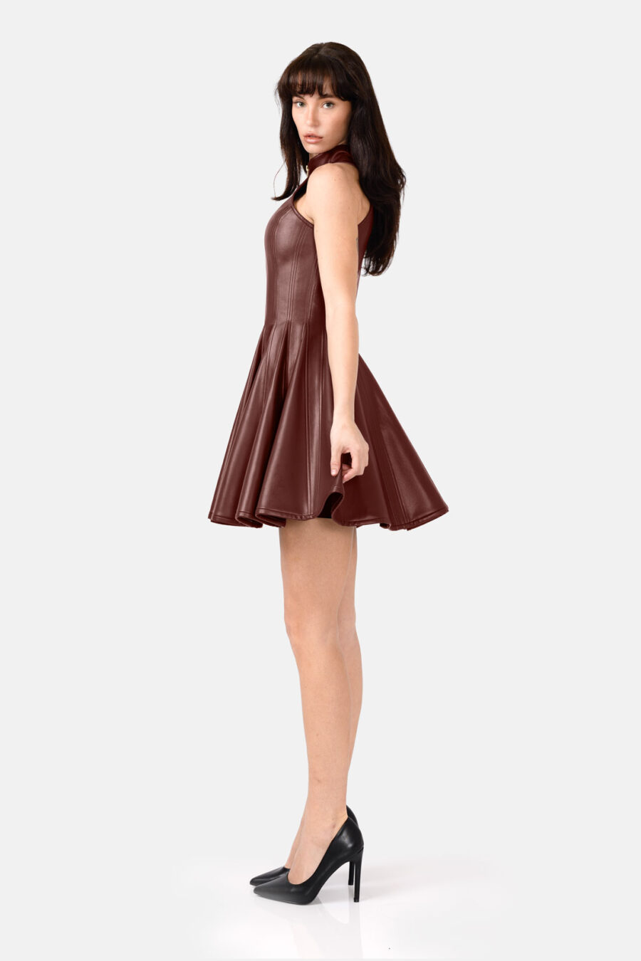 Brown Faux Leather Mini Dress Designer High Neck Zip Front Fit and Flare by Kargede side straight flared image