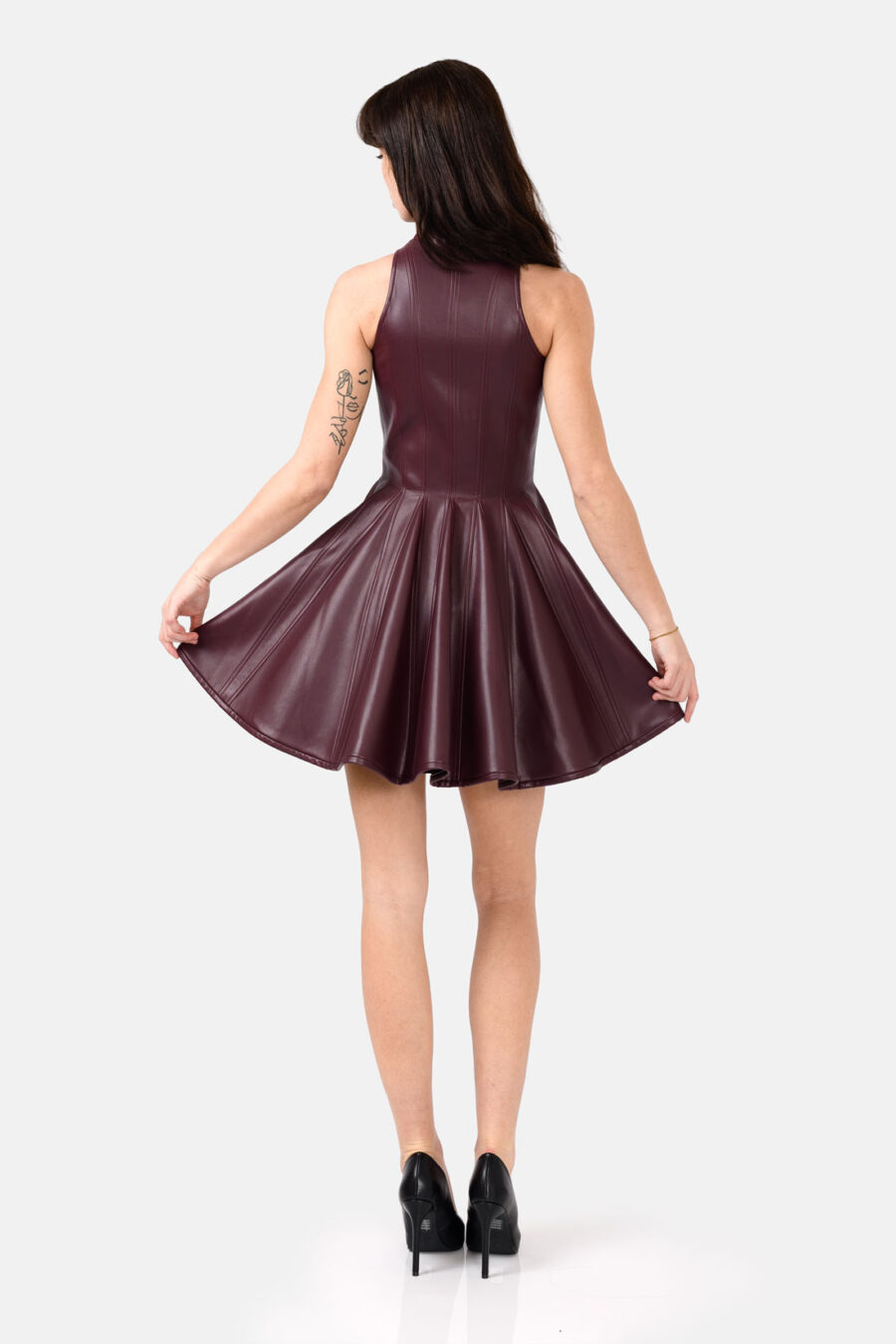 Burgundy Red Faux Leather Mini Dress Designer High Neck Zip Front Fit and Flare by Kargede back flared image