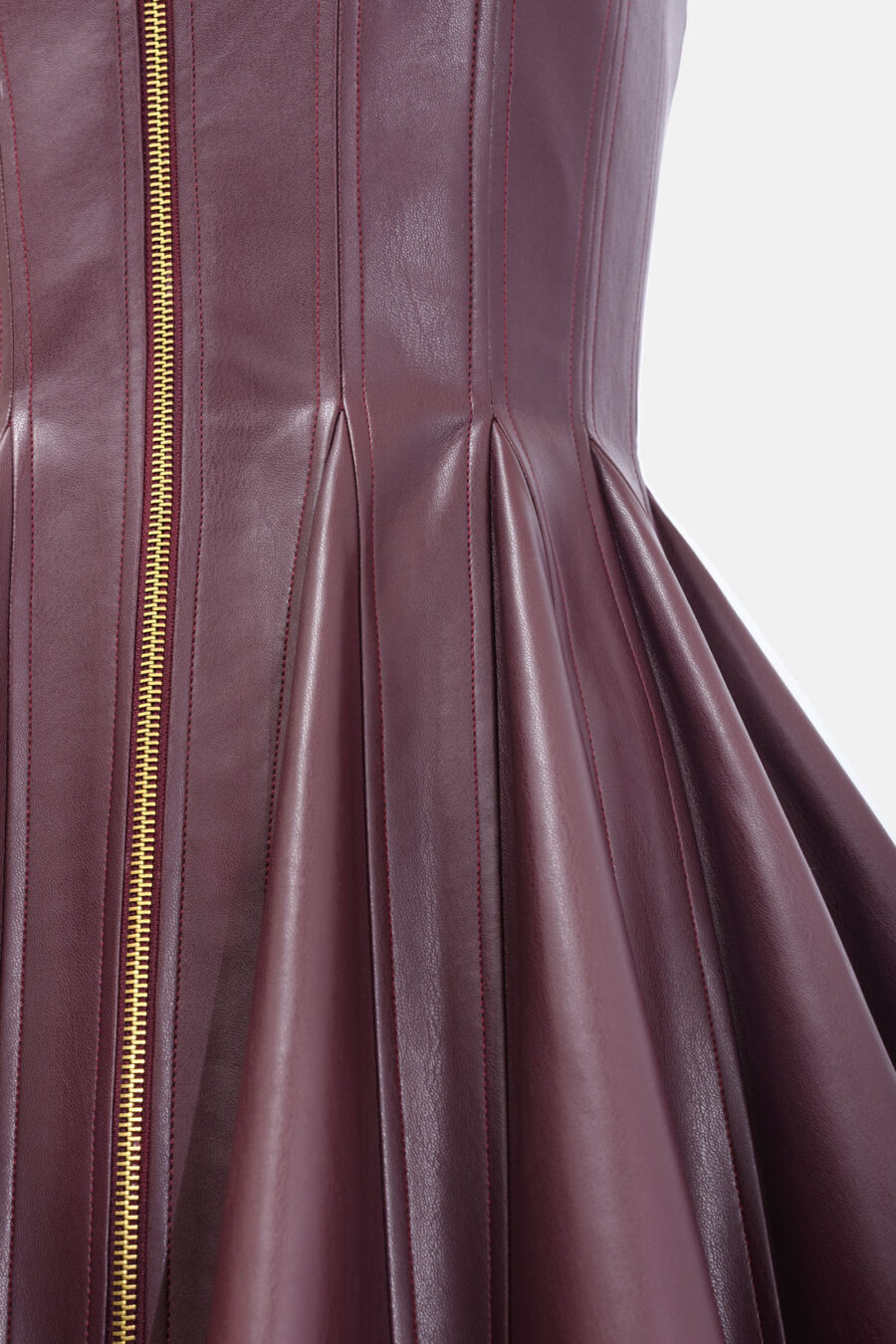 Burgundy Red Faux Leather Mini Dress Designer High Neck Zip Front Fit and Flare by Kargede detail image