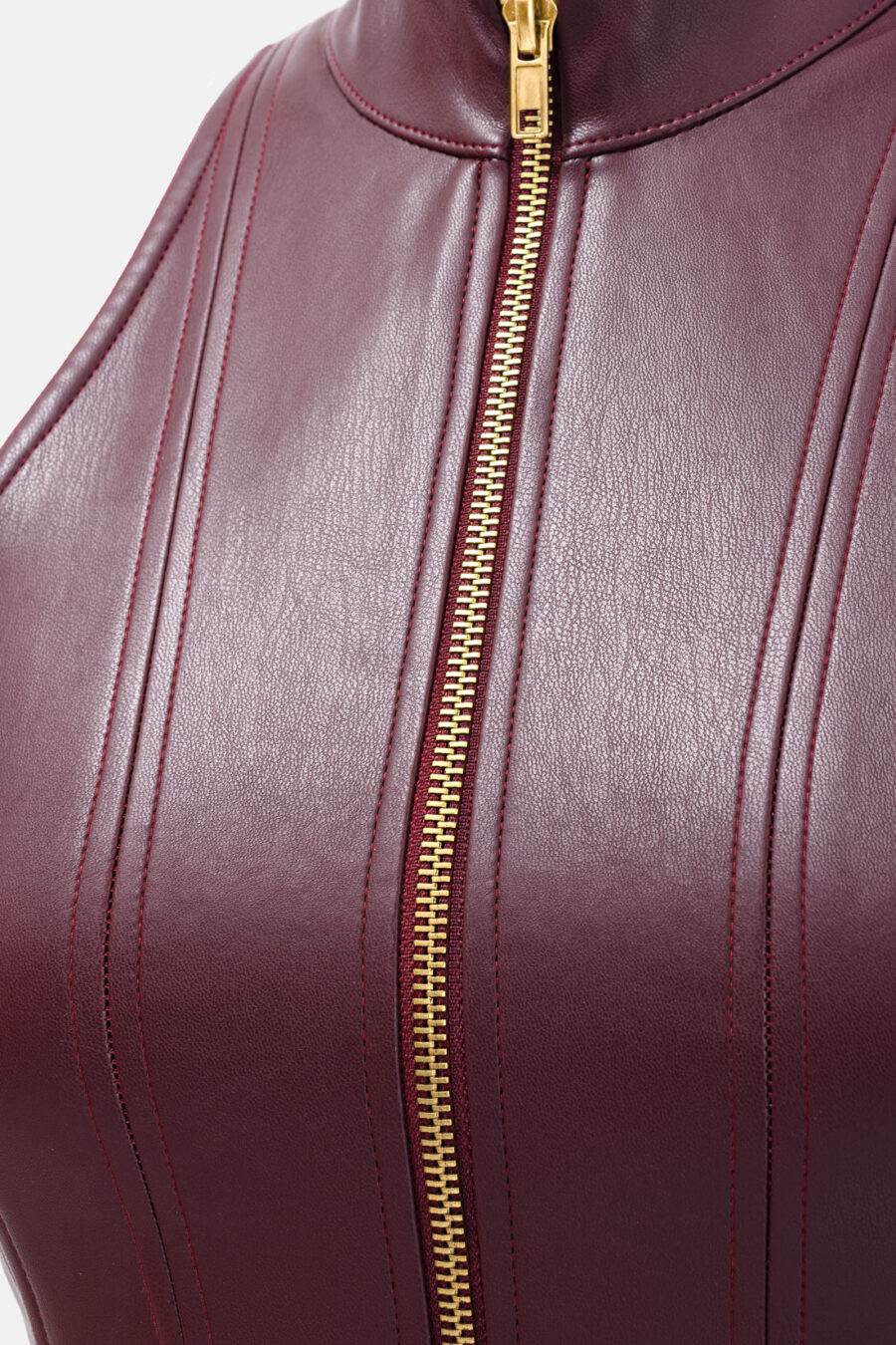 Burgundy Red Faux Leather Mini Dress Designer High Neck Zip Front Fit and Flare by Kargede detail image