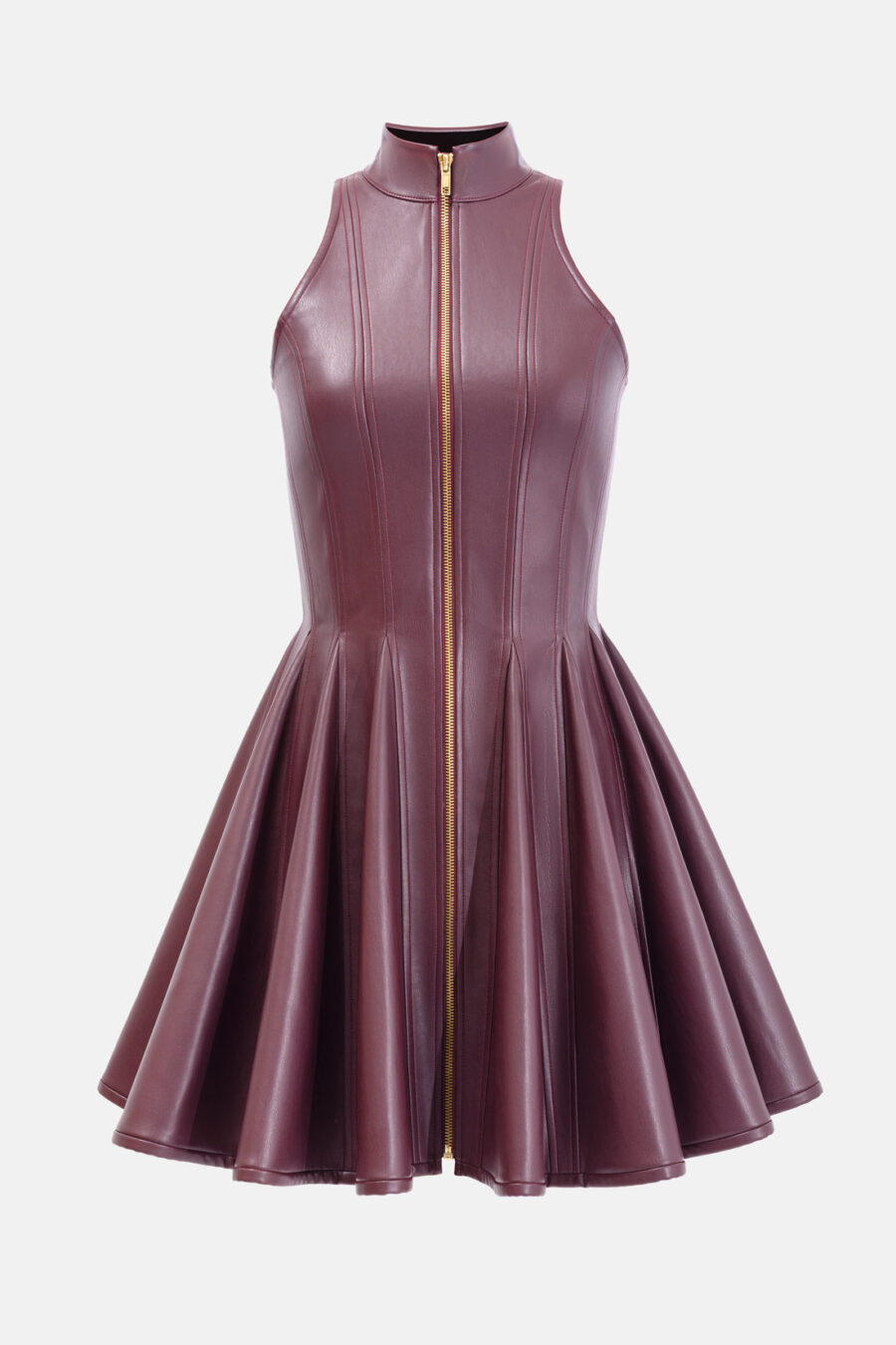 Burgundy Red Faux Leather Mini Dress Designer High Neck Zip Front Fit and Flare by Kargede ghost mannequin image