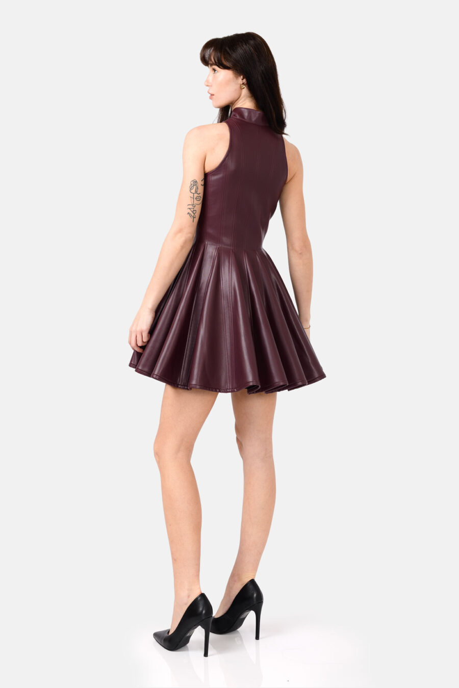 Burgundy Red Faux Leather Mini Dress Designer High Neck Zip Front Fit and Flare by Kargede side image