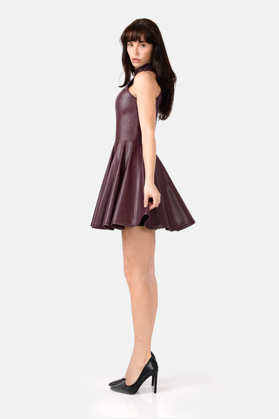 Burgundy Red Faux Leather Mini Dress Designer High Neck Zip Front Fit and Flare by Kargede side straight flared image