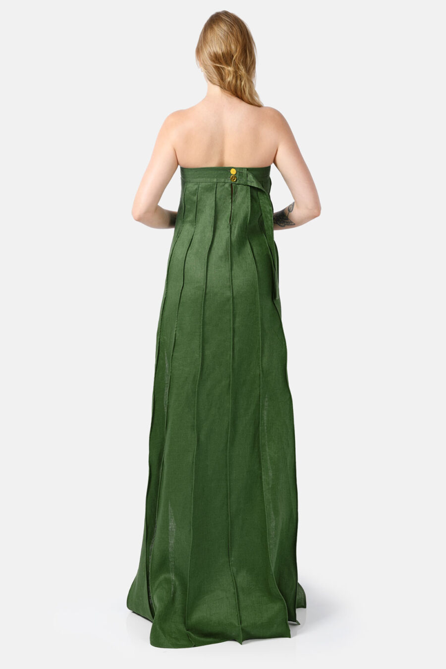 Green Designer Linen Maxi Dress Pleated With Slit Strapless Fit Kargede Back