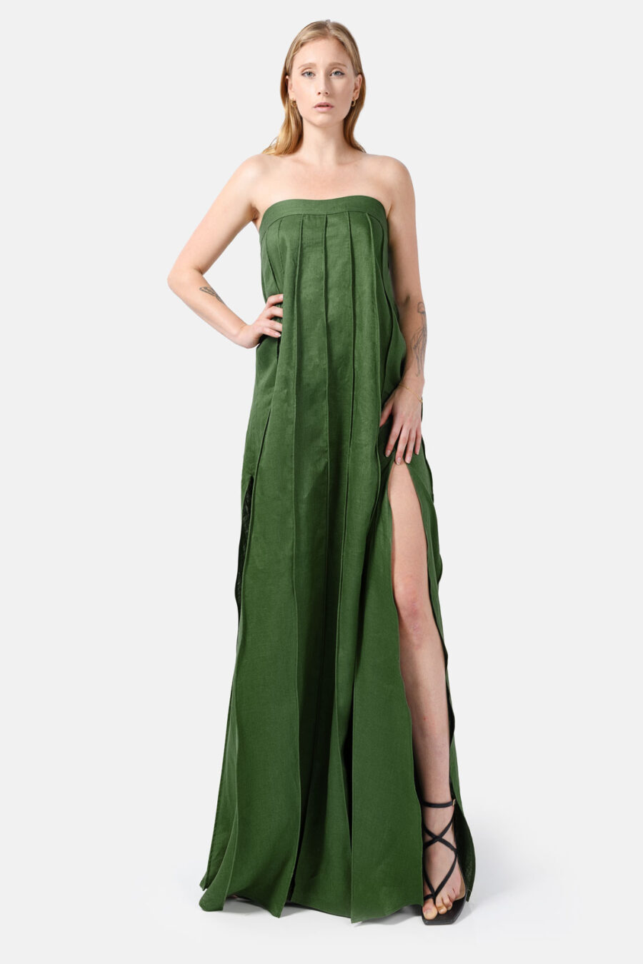 Green Designer Linen Maxi Dress Pleated With Slit Strapless Fit Kargede Front