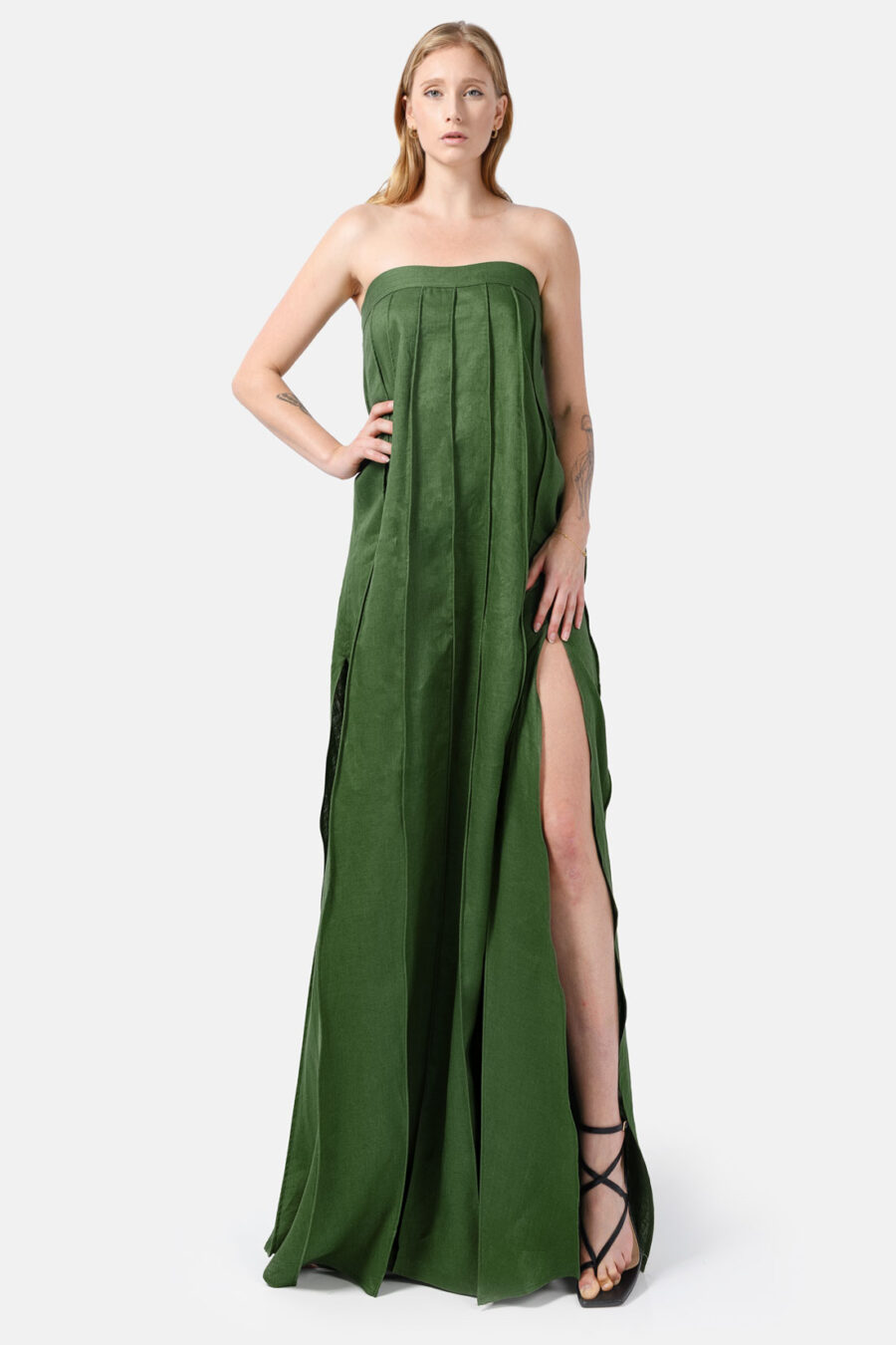 Green Designer Linen Maxi Dress Pleated With Slit Strapless Fit Kargede Front Adjust