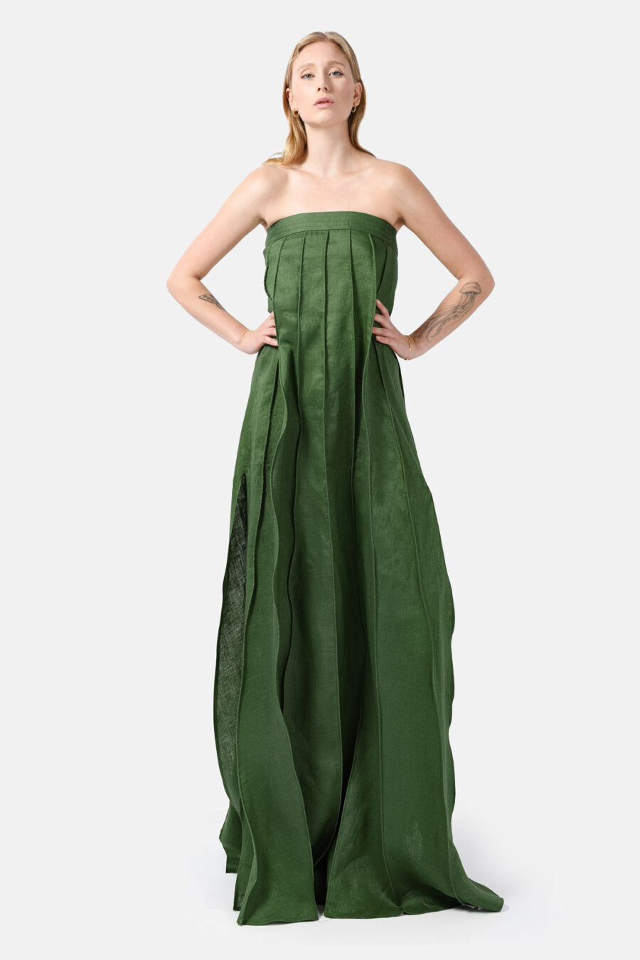 Green Designer Linen Maxi Dress Pleated With Slit Strapless Fit Kargede Front Ruffled Angle
