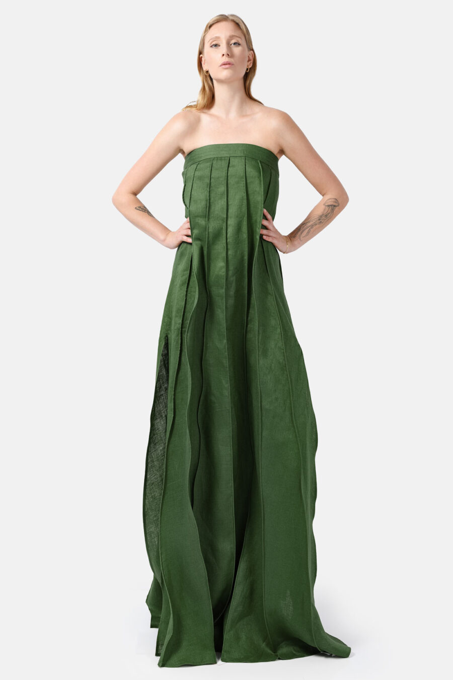 Green Designer Linen Maxi Dress Pleated With Slit Strapless Fit Kargede Front Ruffled Angle Adjust