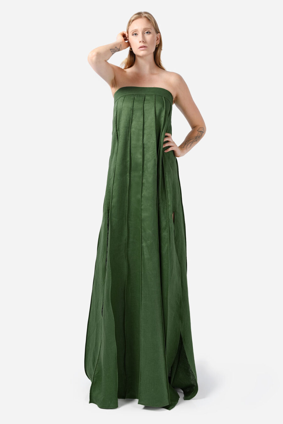 Green Designer Linen Maxi Dress Pleated With Slit Strapless Fit Kargede Front Tall Angle