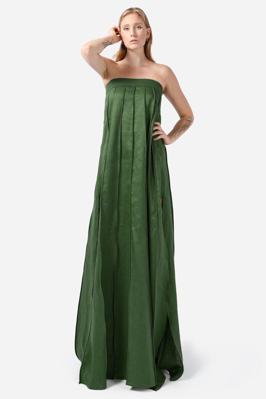 Green Designer Linen Maxi Dress Pleated With Slit Strapless Fit Kargede Front Tall Angle Adjust