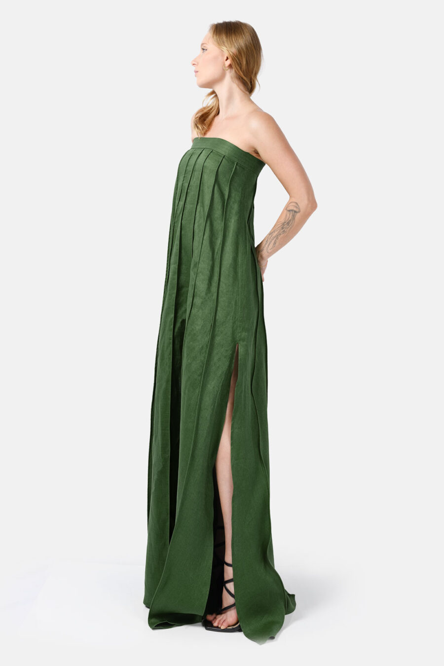 Green Designer Linen Maxi Dress Pleated With Slit Strapless Fit Kargede Long Side