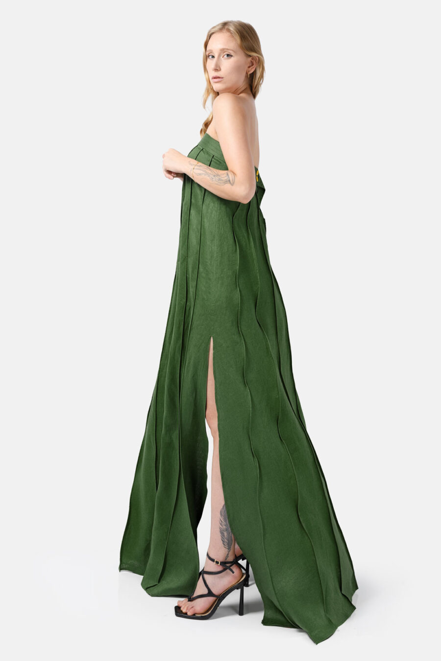 Green Designer Linen Maxi Dress Pleated With Slit Strapless Fit Kargede Open Side