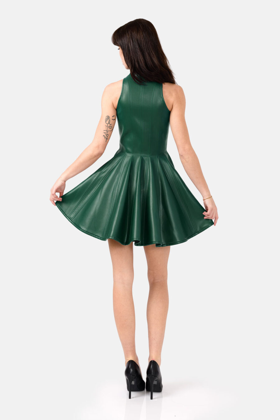 Green Faux Leather Mini Dress Designer High Neck Zip Front Fit and Flare by Kargede back flared image