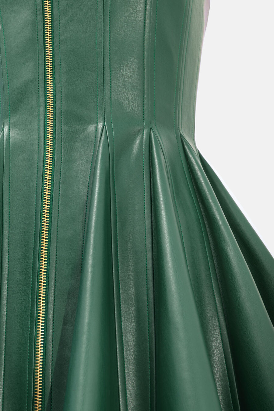 Green Faux Leather Mini Dress Designer High Neck Zip Front Fit and Flare by Kargede detail image