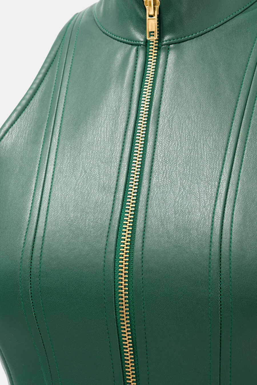 Green Faux Leather Mini Dress Designer High Neck Zip Front Fit and Flare by Kargede detail image