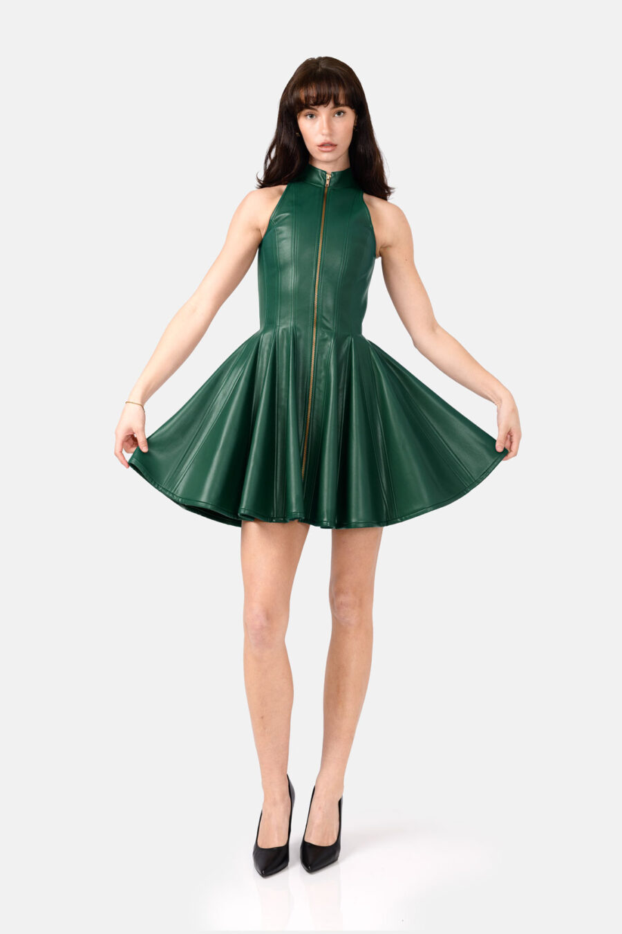 Green Faux Leather Mini Dress Designer High Neck Zip Front Fit and Flare by Kargede front flared image