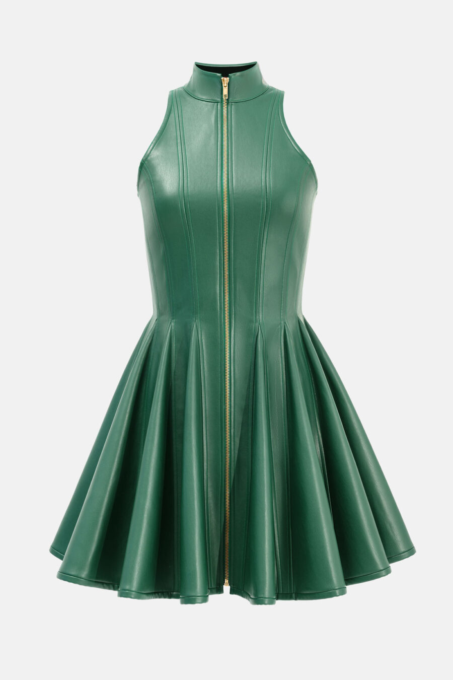 Green Faux Leather Mini Dress Designer High Neck Zip Front Fit and Flare by Kargede ghost mannequin image