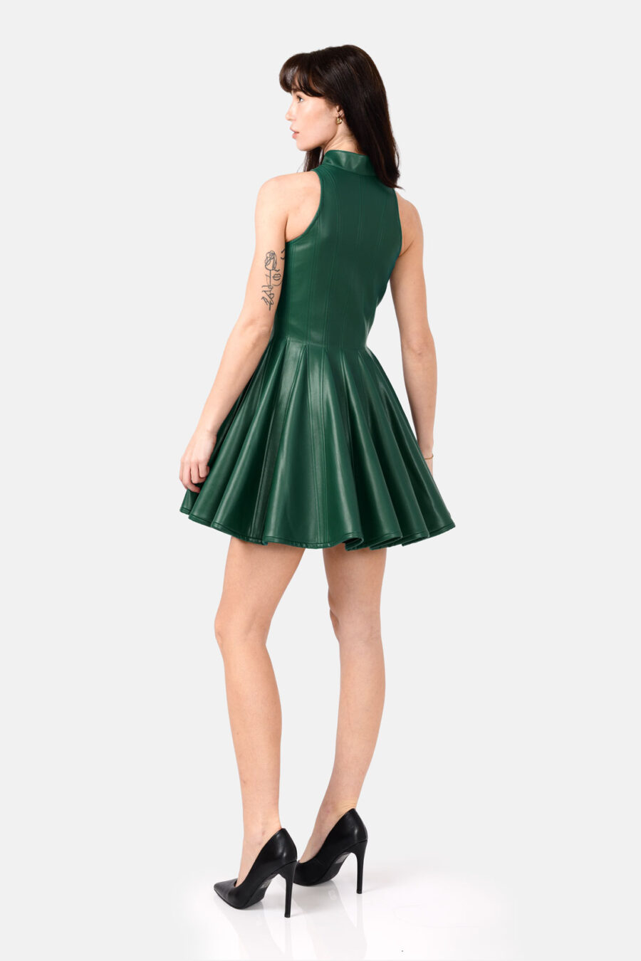 Green Faux Leather Mini Dress Designer High Neck Zip Front Fit and Flare by Kargede side image