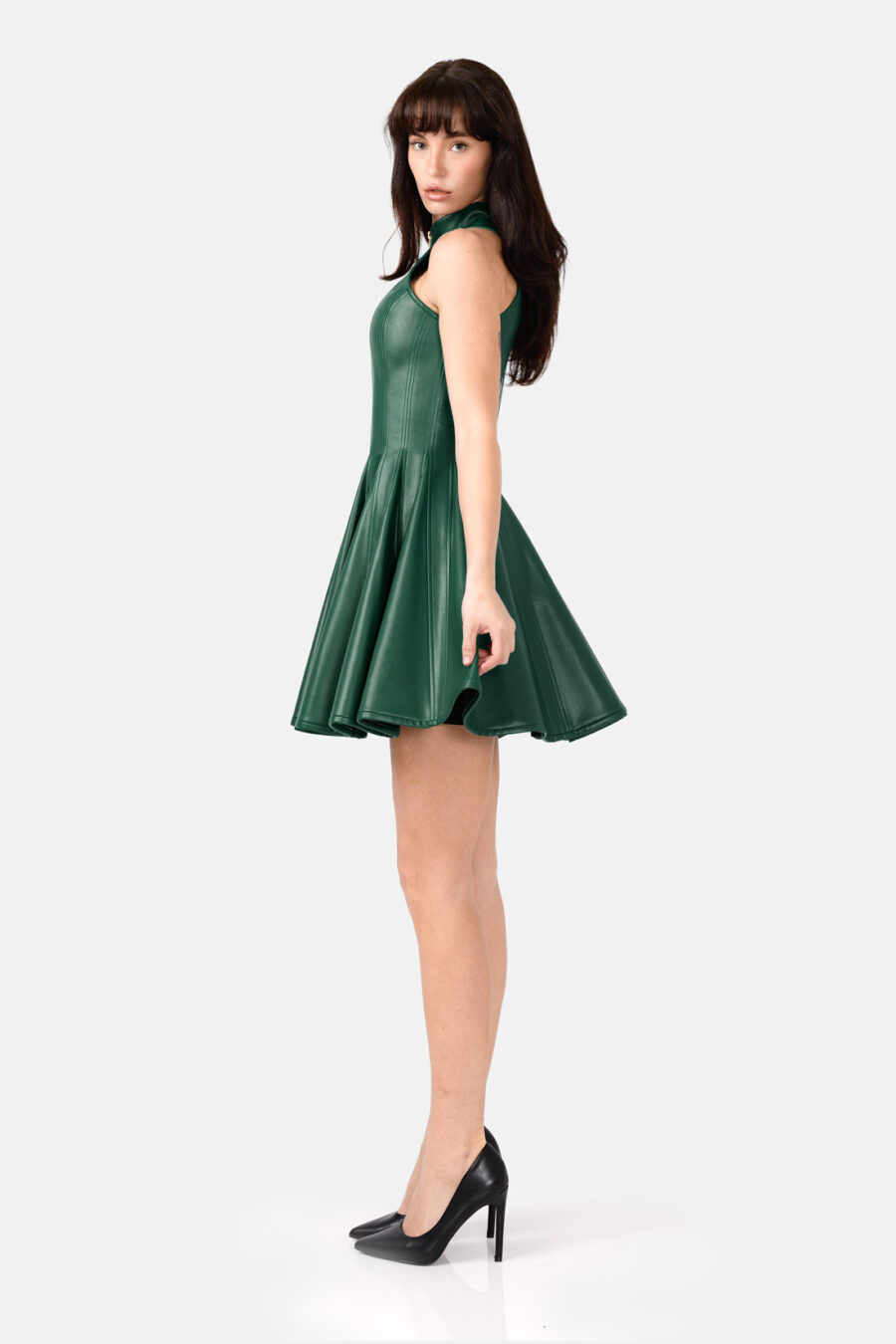 Green Faux Leather Mini Dress Designer High Neck Zip Front Fit and Flare by Kargede side straight flared image