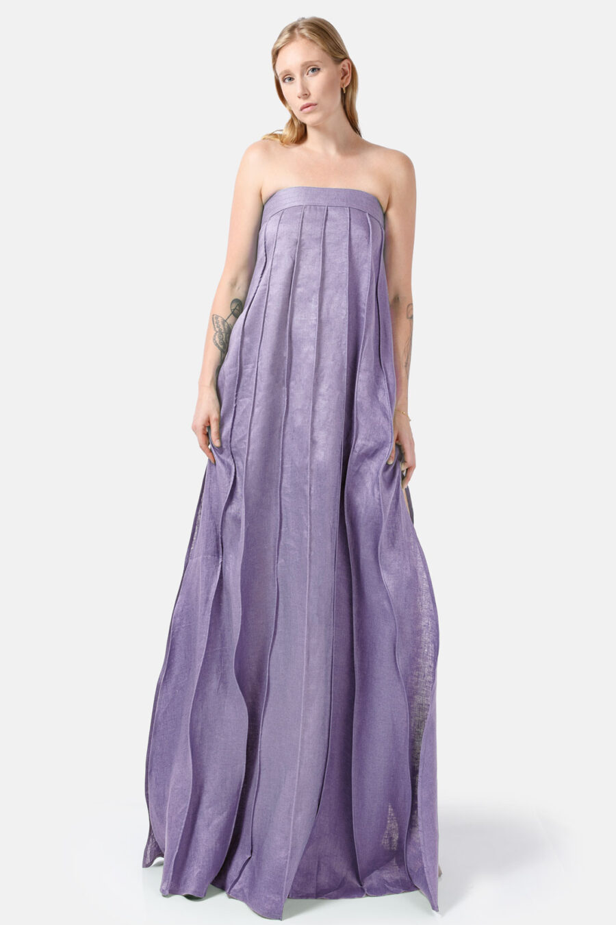 Lilac Designer Linen Maxi Dress Pleated With Slit Strapless Fit Kargede Front Adjust