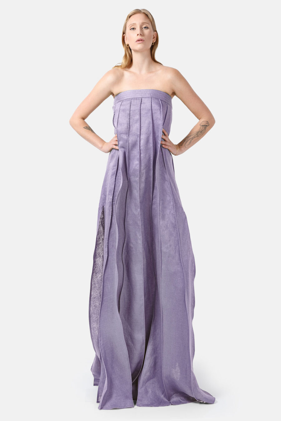 Lilac Designer Linen Maxi Dress Pleated With Slit Strapless Fit Kargede Front Ruffled Angle Adjust